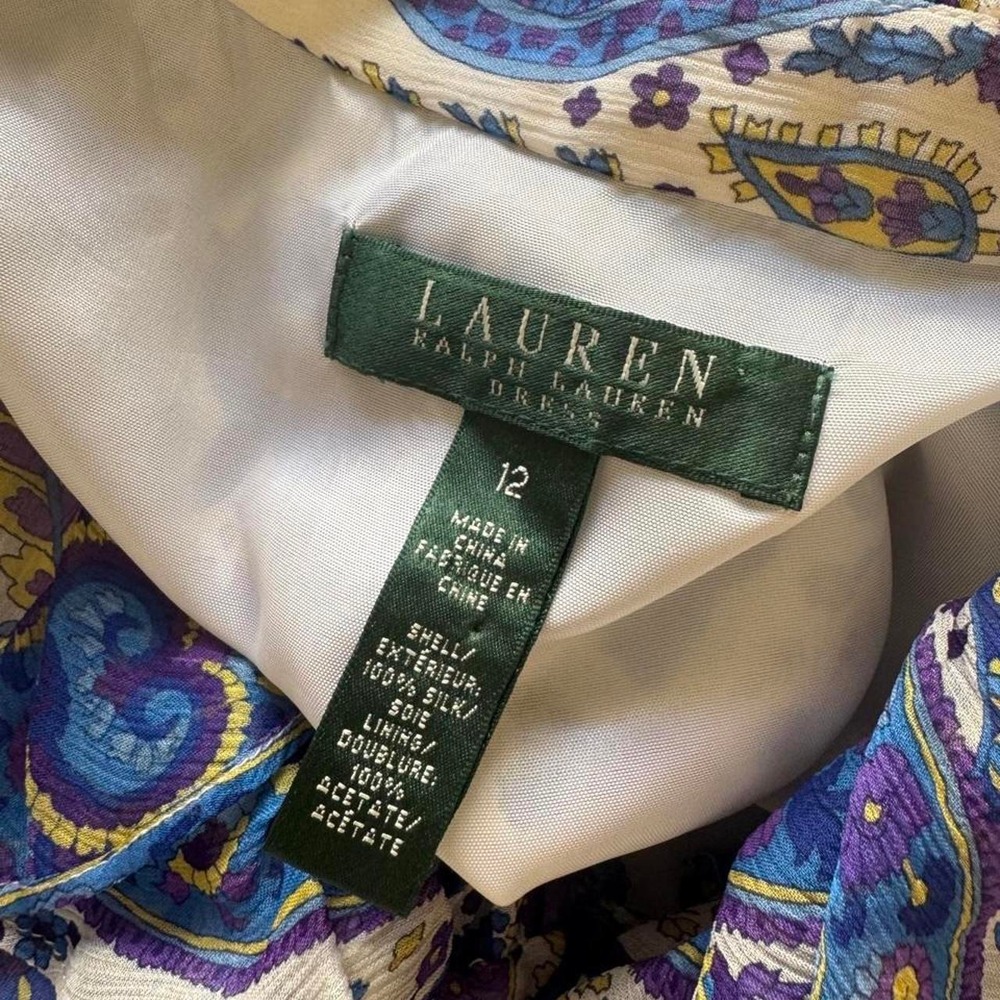 Lauren Ralph Lauren Paisley 100% Silk Wrap Dress White Purple Blue Yellow - Picture 4 of 8